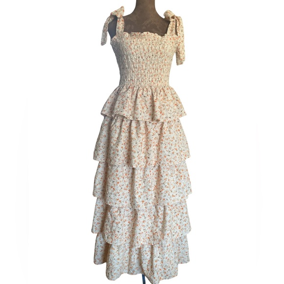 Just Me Cottagecore Fairy Floral Tiered Maxi Dress Smocked Tie Straps Small - Picture 2 of 12